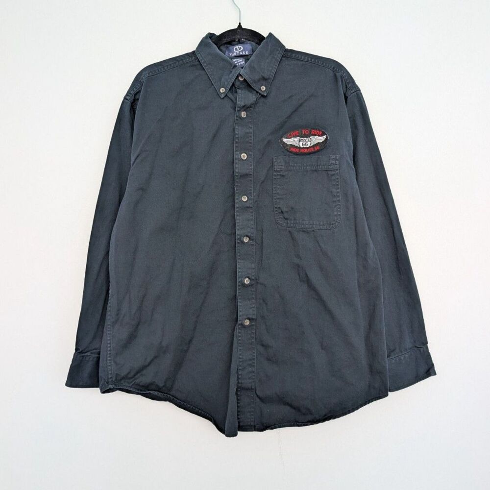 Vintage Biker Vantage Long Sleeve Button Up Shirt Sz M Patch Embroidery